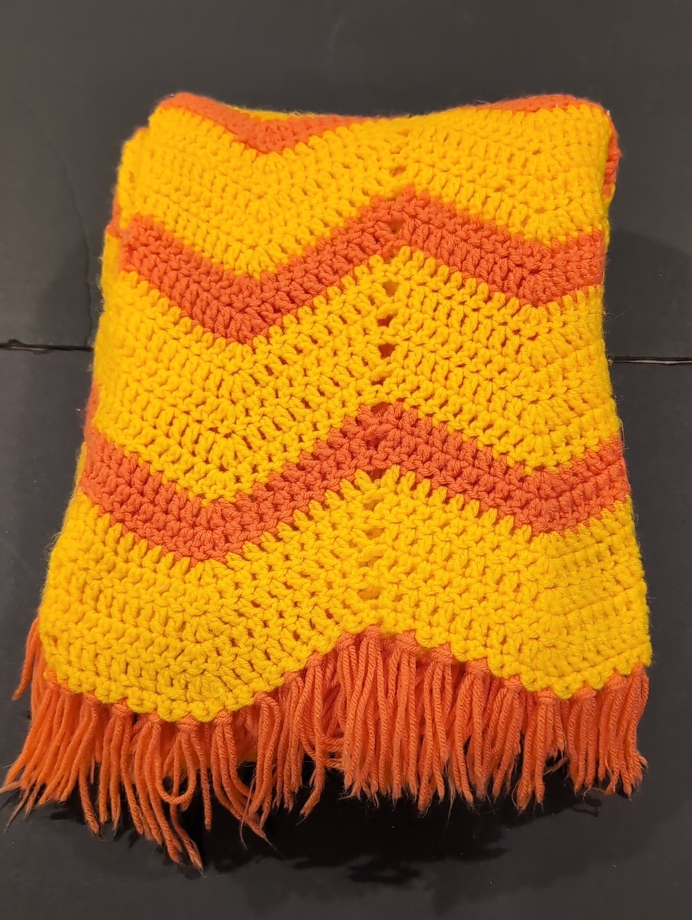 Bright Yellow and Orange Chevron Crochet Throw 54x65 Fringe Lap Blanket Zig Zag